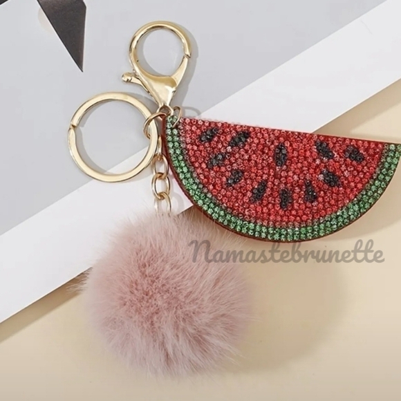 Rhinestone Watermelon Pom Pom Keychain Bag Charm - Picture 15 of 17